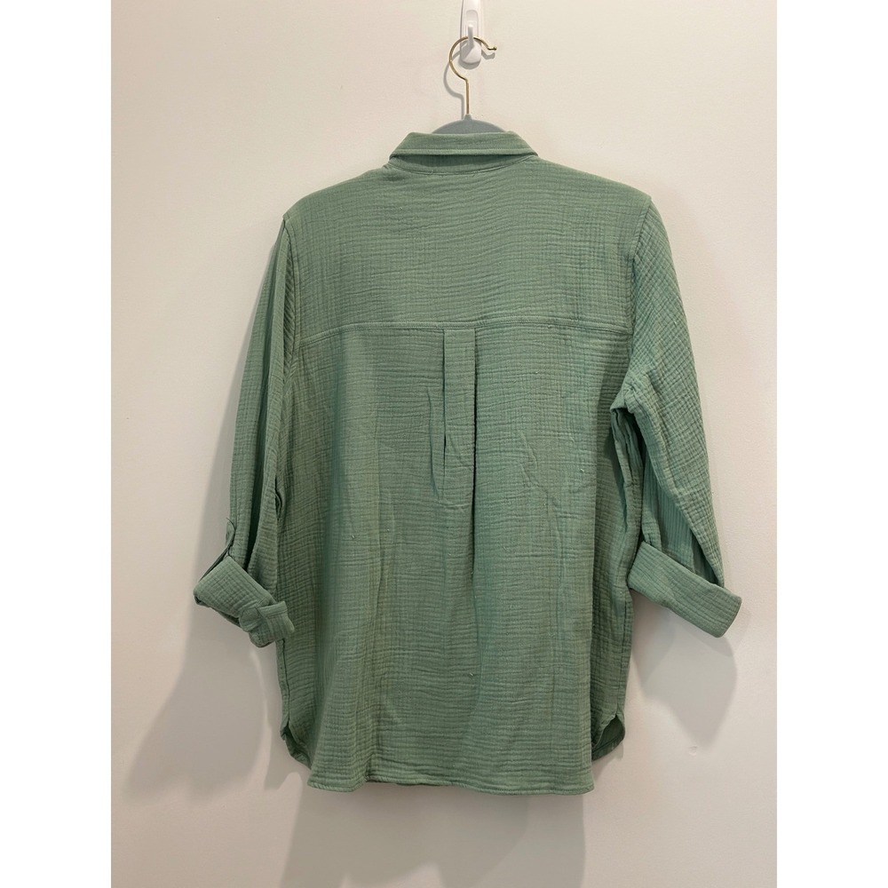 Anne Klein Jeans Sage Green Double Gauze Button Down Shirt Roll Tab Sleeve Med - Picture 13 of 13